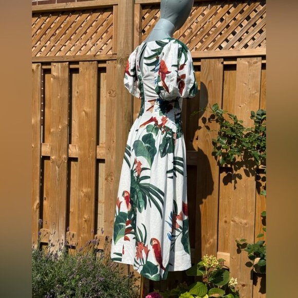 🆕 FARM Rio 🧿 NWOT Midnight Macaw Fiesta Linen Puff-Sleeve Midi Dress, Sz XXS - Picture 7 of 16